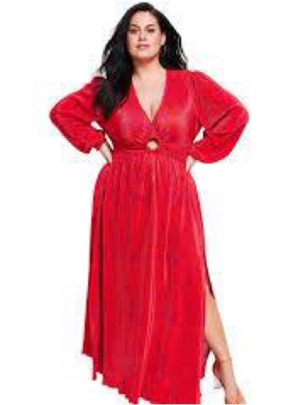 Plus-Size Red V-Neck Maxi Dress with Waist Ring